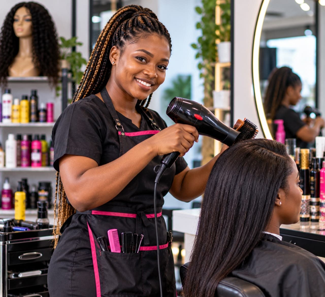 Hairdresser styling a client in a Ghanaian salon