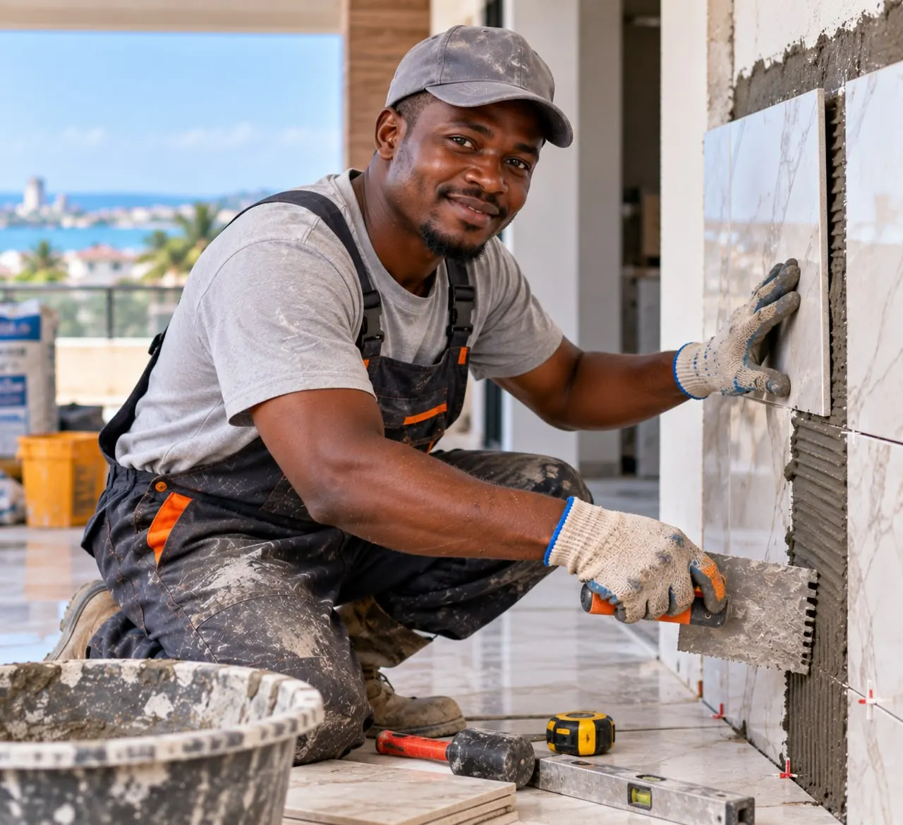 Tiler at work on a building overlooking the Takoradi coastline