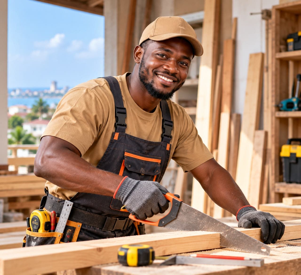 Carpenter smiling while sawing timber at a workshop