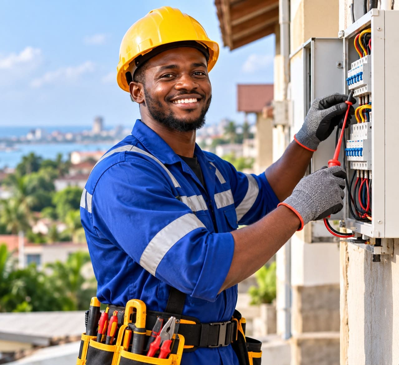 Smiling Ghanaian electrician in a hard hat working on an electrical panel in Takoradi