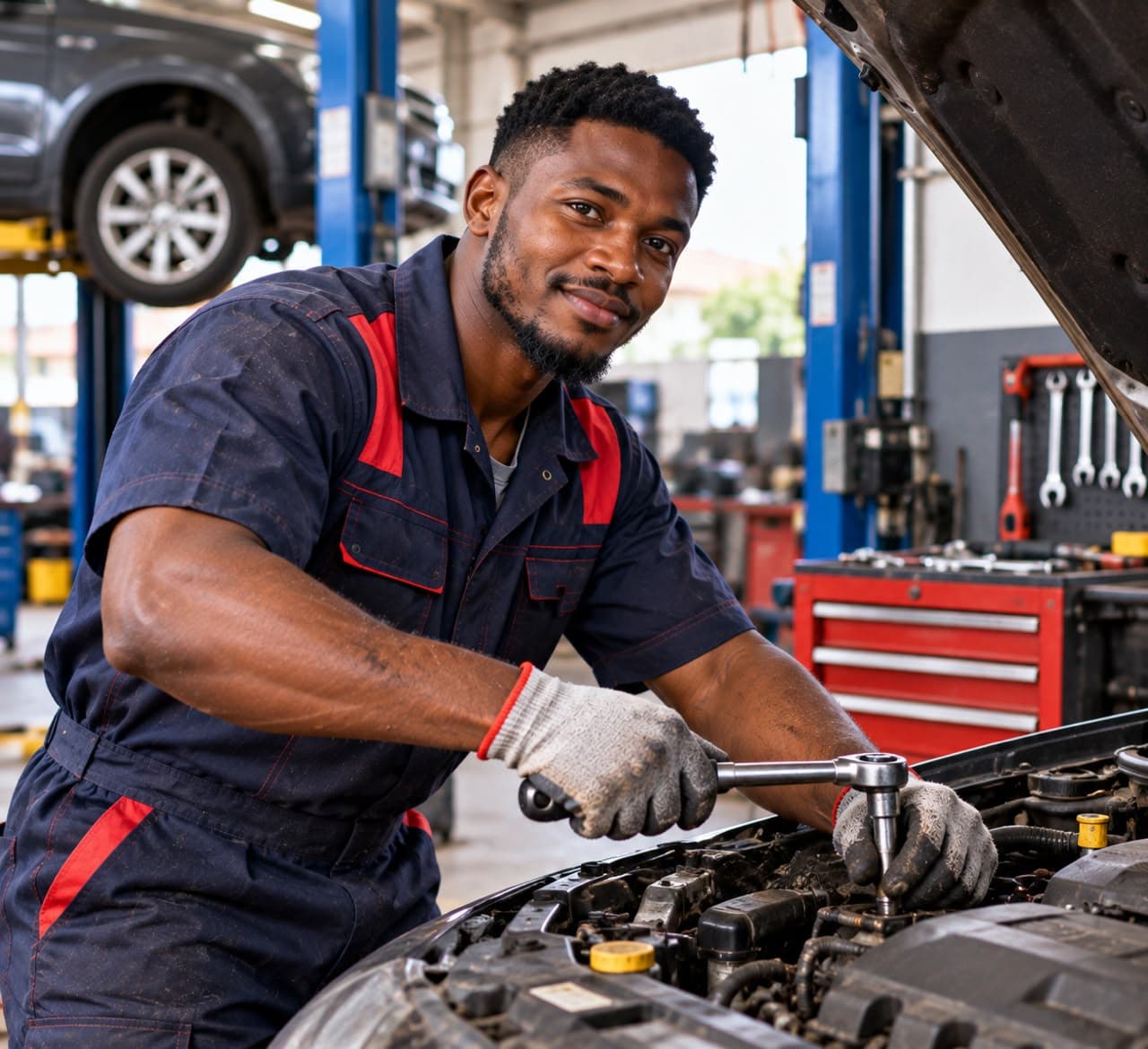Mechanic repairing a car engine in a garage