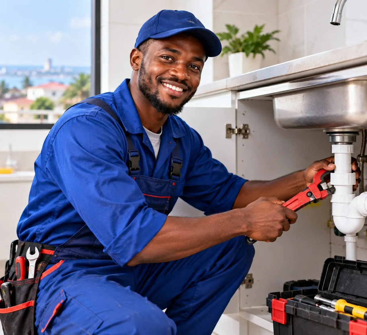Smiling plumber repairing pipes under a kitchen sink