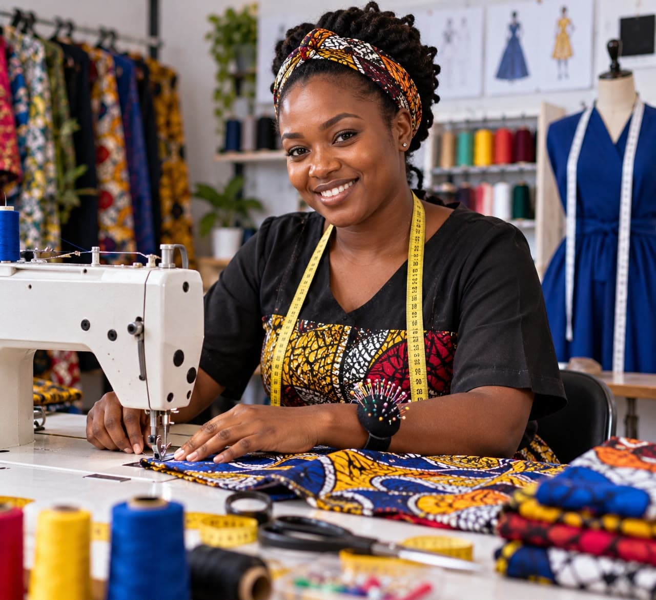 Tailor sewing African print fabric at her workshop
